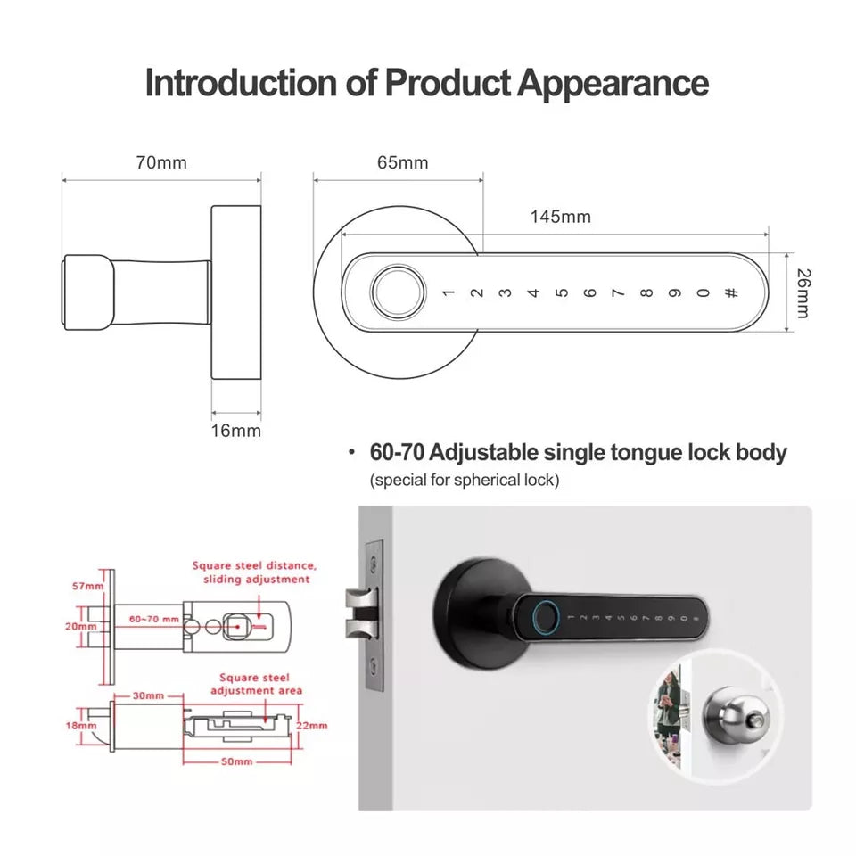 Tuya Smart Door Lock Fingerprint, Keyless Entry Door Lock with Handle With Key